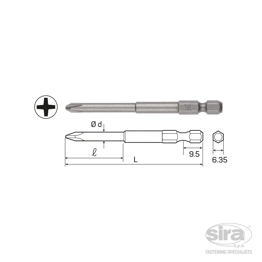 SIRA-SpA-vessel-bits-attacco-1-4Hex-E63-B35-impronta-phillips Bit attacco 1/4" HEX-E6,3 B35 - immagine 1