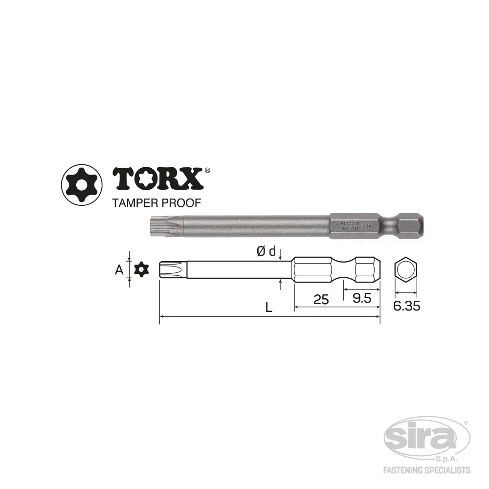 SIRA-SpA-vessel-bits-attacco-1-4Hex-E63-B35-impronta-torx-foro Bit attacco 1/4" HEX-E6,3 B35 - immagine 1
