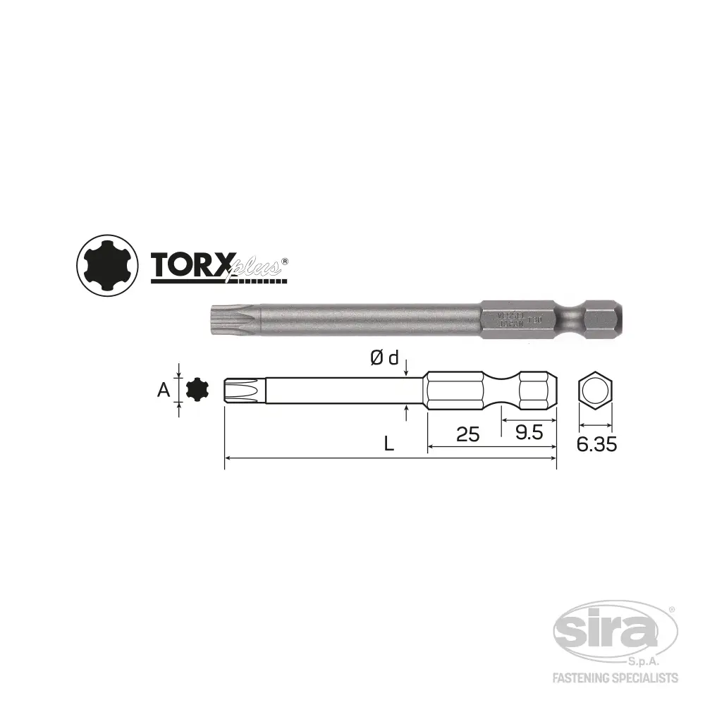SIRA-SpA-vessel-bits-attacco-1-4Hex-E63-B35-impronta-torx-plus Bit attacco 1/4" HEX-E6,3 B35 - immagine 1